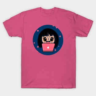 Cute Girl with Laptop Cartoon T-Shirt